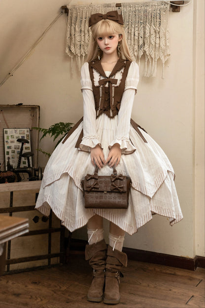 【10月14日予約締切】Brown Vintage Classic Lolita Puff Sleeve Ribbon Frill Collar Handkerchief Hem Bustier Layered Dress + Detachable Sleeves + Ribbon KC + Hair Clip