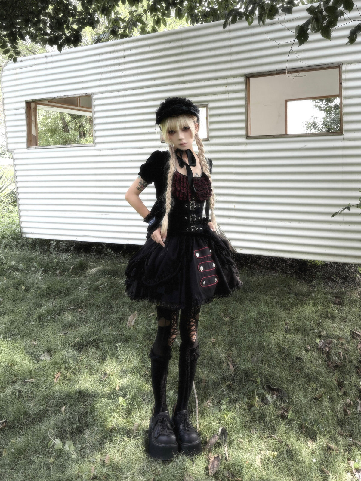Original from Jiuyu Market: Black and Red Plaid Puff-Sleeve Knit Top with Military-Style Mesh Cake Skirt Set