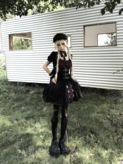 Original from Jiuyu Market: Black and Red Plaid Puff-Sleeve Knit Top with Military-Style Mesh Cake Skirt Set