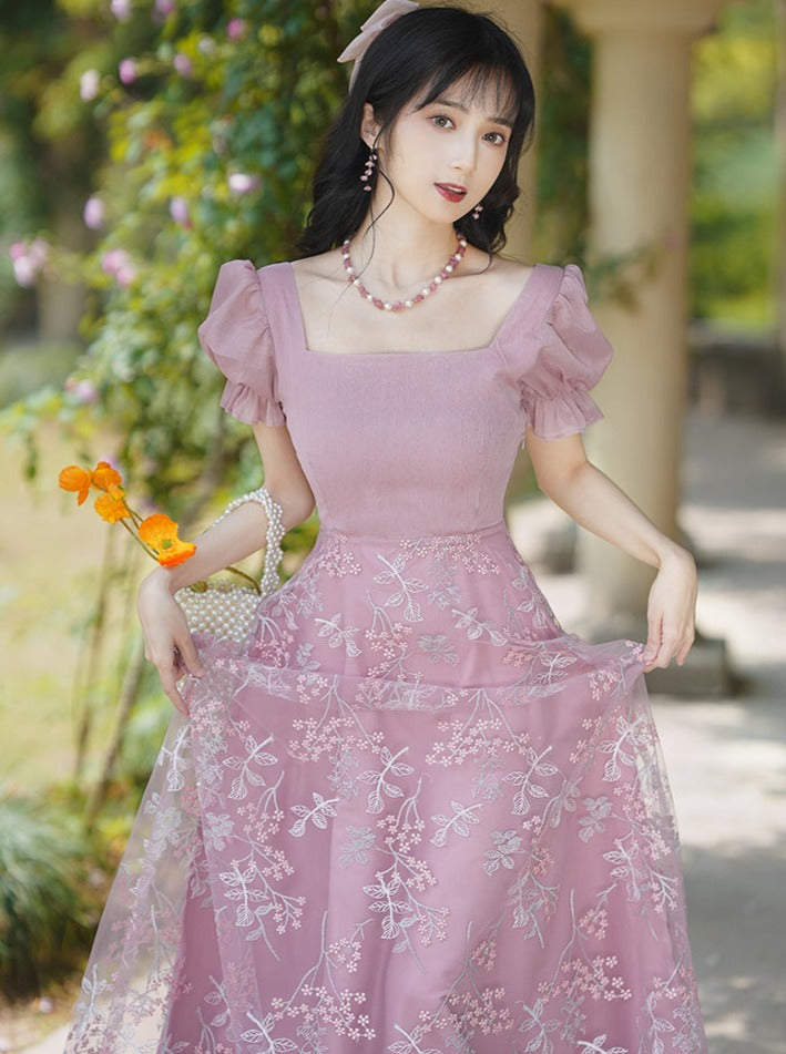 Square Neck Lace-Up Flower Dress