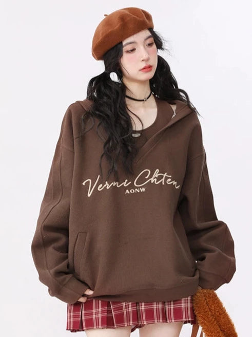 American Retro Sweatshirt Hooded Loose Oversized Two Piece Set