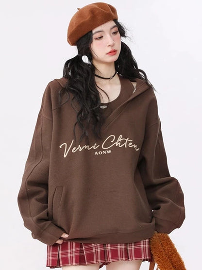 American Retro Sweatshirt Hooded Loose Oversized Two Piece Set