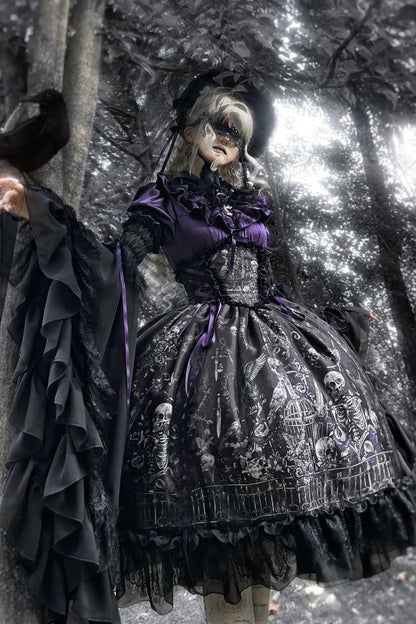 【11月25日予約締切】Gothic Lolita Frill Lace Puff Sleeve Satin Shirt + Skeleton Lace Layered Corset Skirt + Detachable Bell Sleeves + Bonnet Set