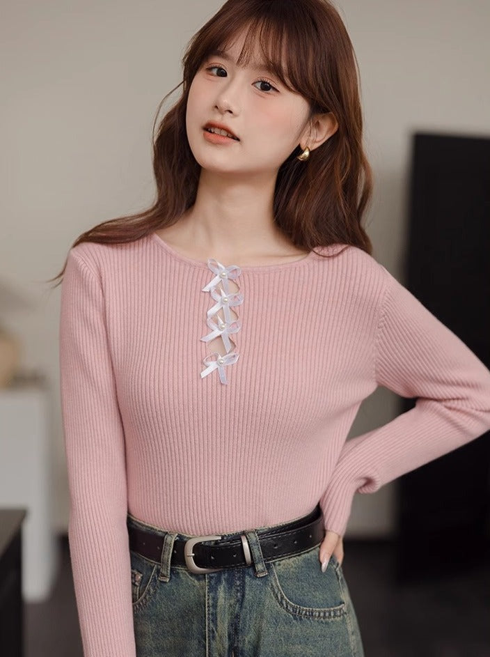 Ribbon Round Neck Design Loose Wool Slim Top