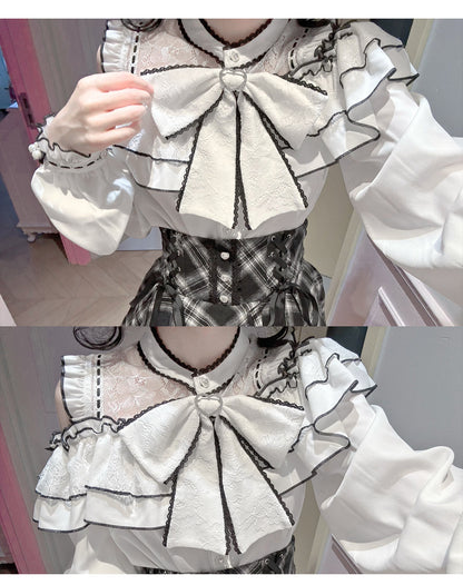 Long-Sleeved Lace Plaid Half Skirt and Top Set-Up