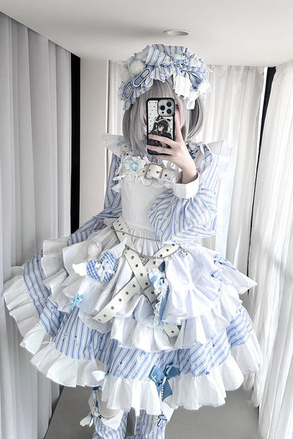 【11月5日予約締切】Blue White Striped Medical Lolita Nurse Sickly Kawaii Dress Suit Full Set (Shirt + Skirt + Apron + Back Ribbon + Leg Covers)