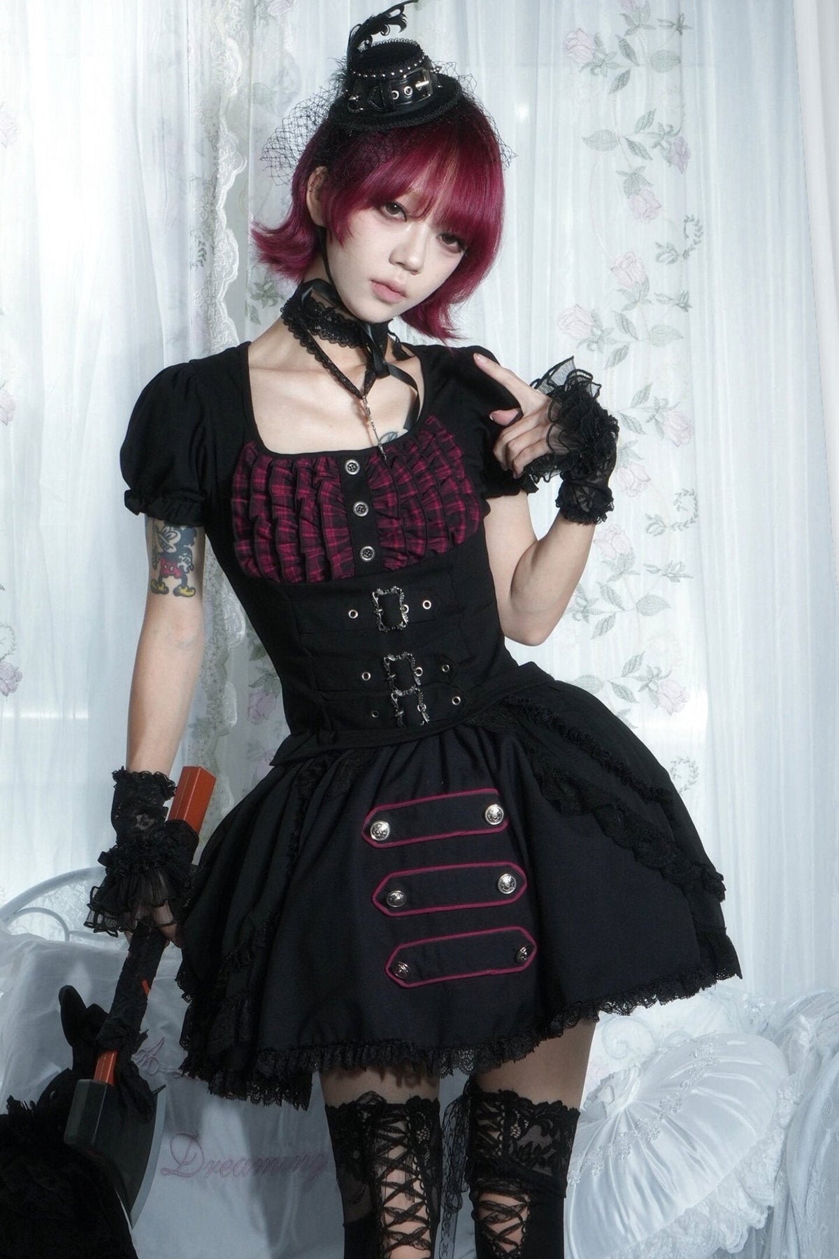 Original from Jiuyu Market: Black and Red Plaid Puff-Sleeve Knit Top with Military-Style Mesh Cake Skirt Set
