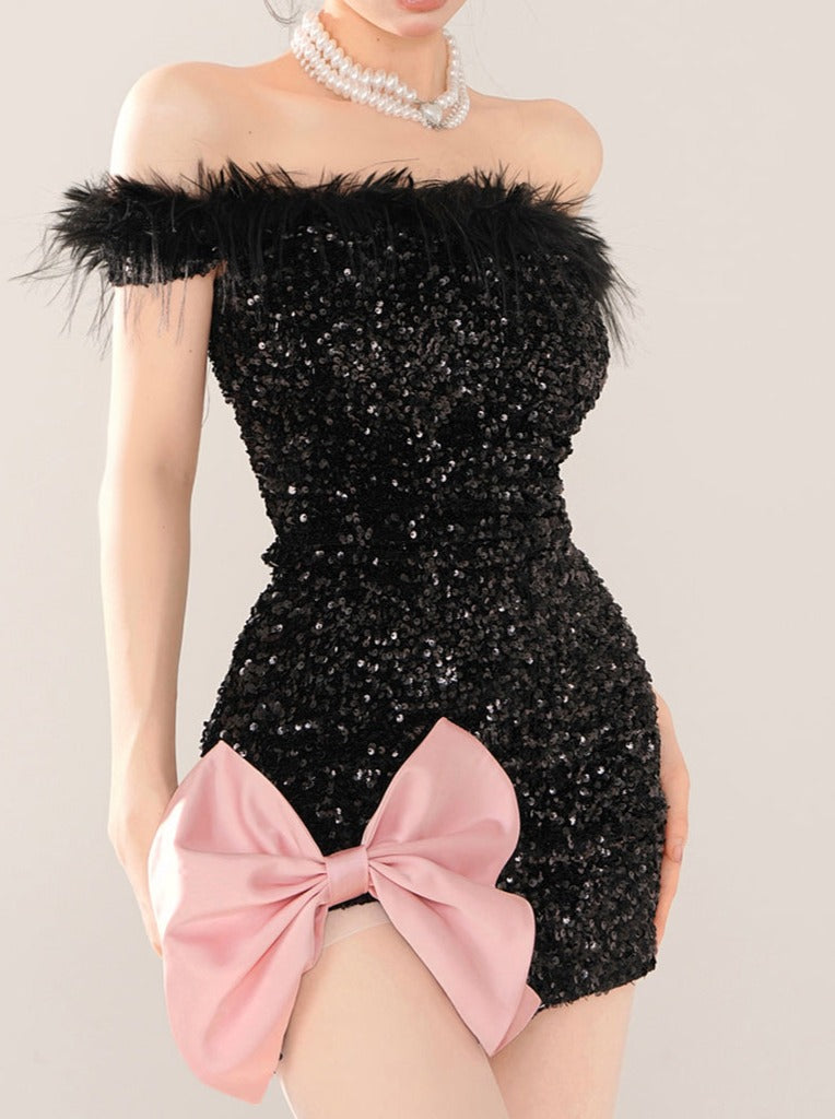 Sequined Lame Fur Off-Shoulder Slit Big Bow Dress [Reservation Item