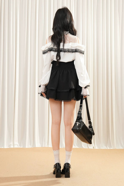 レースリボンオフショルダートップス+スカート