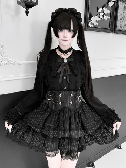 【1月7日予約締切】ジュエルリボンベルスリーブシャツ＋ブラックストライプティアードスカート＋セットアップ