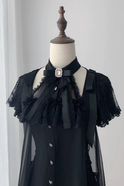 [Reservierungsschluss am 15. Juli] Schwarzes Gothic-Tüllkleid im Lagenlook mit Schmuckschleife + Rosenkreuz-Haarspange + Handgelenkmanschetten