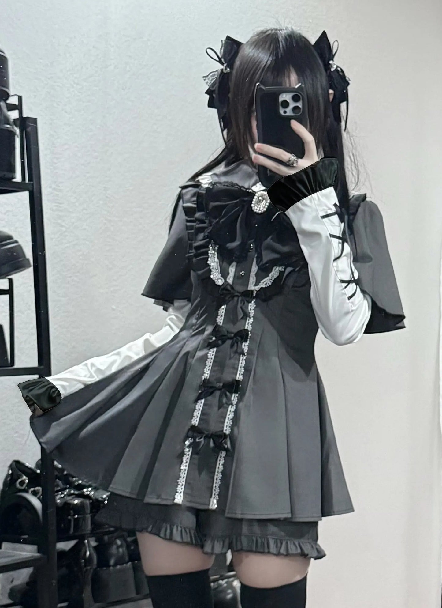 【3月1日予約締切】グレーブラックジュエルリボンフリルドレス＋ロングスリーブ＋ショートパンツフルセット