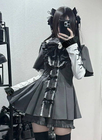 【3月1日予約締切】グレーブラックジュエルリボンフリルドレス＋ロングスリーブ＋ショートパンツフルセット