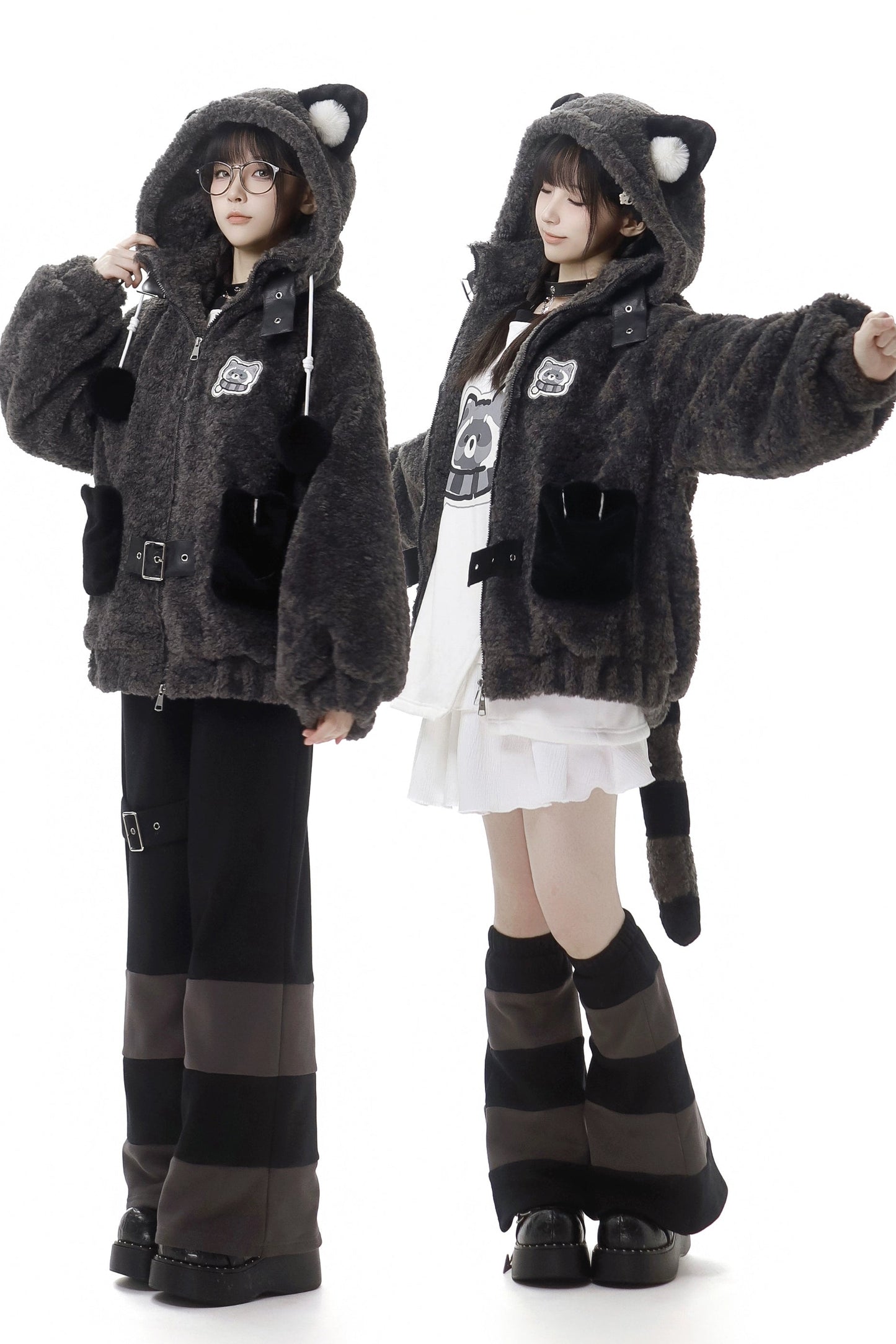 Tanuki fur jacket + sweatshirt + skirt + pants + leg covers