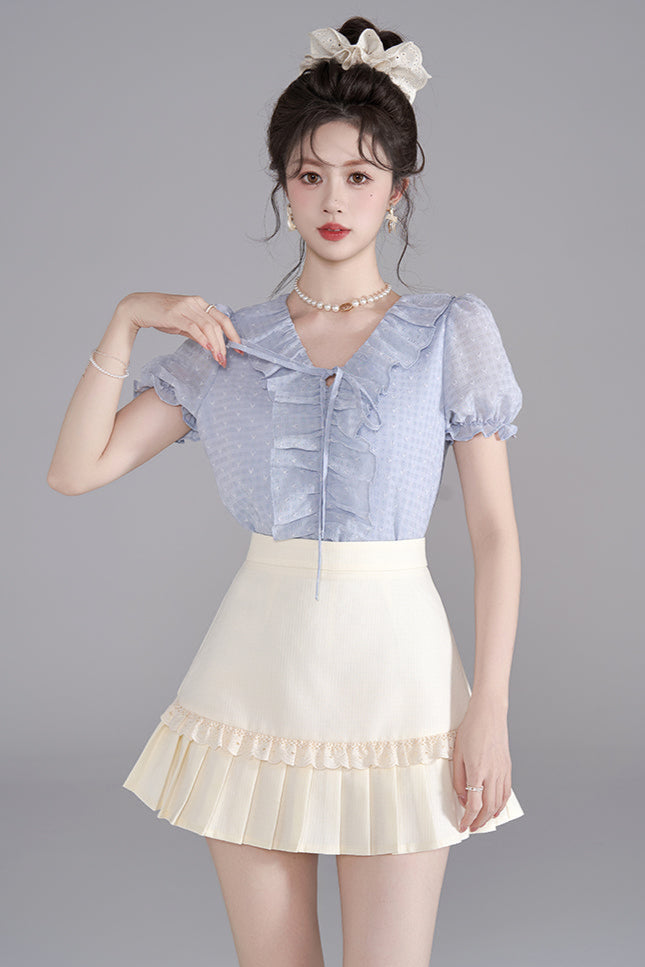 French V-Neck Ruffle Blouse + Ruffle Skirt