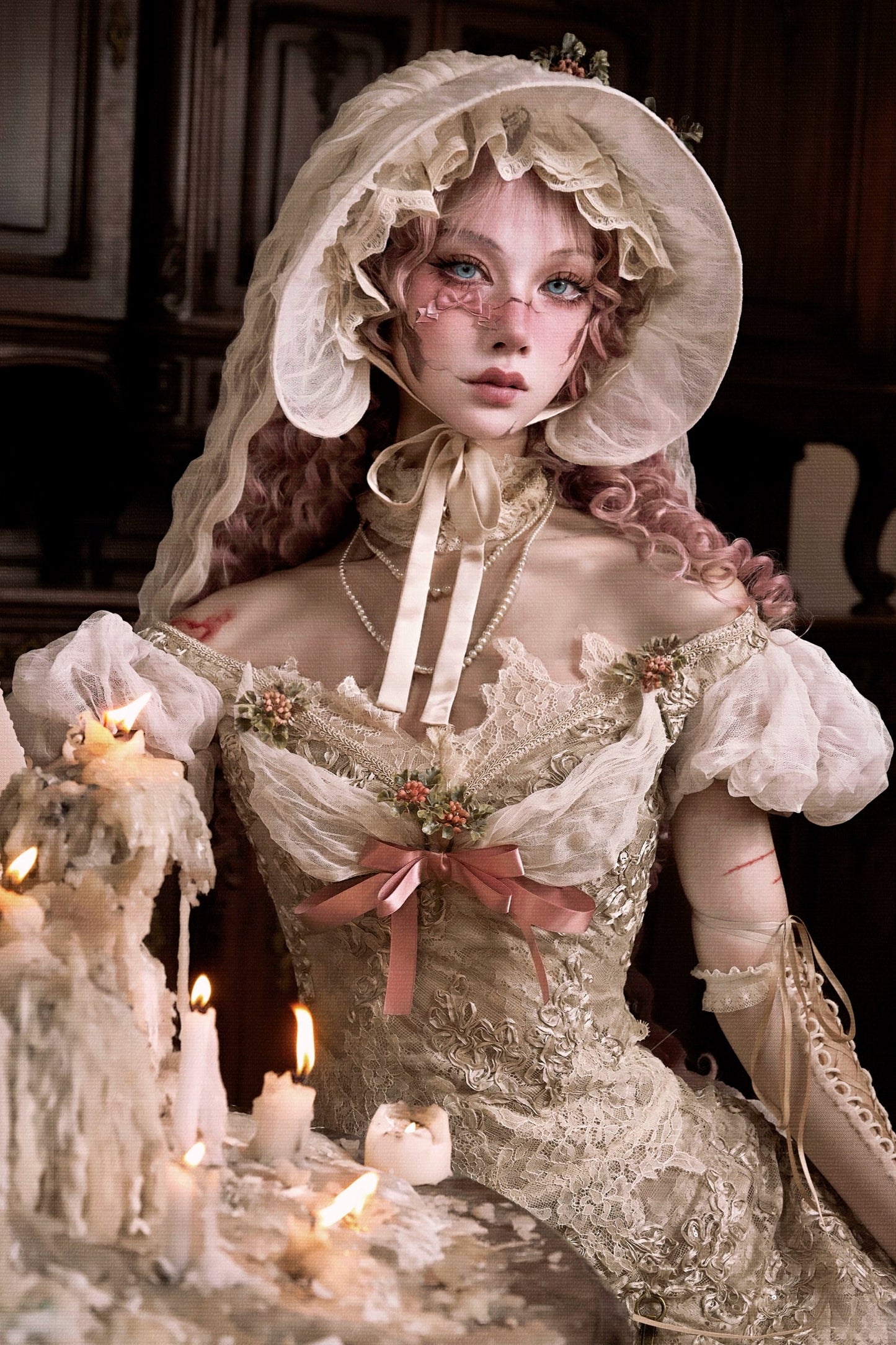 French Rococo Elegant Rabbit Ear Cap + Mesh Flat Cap + Mesh Bow Cap