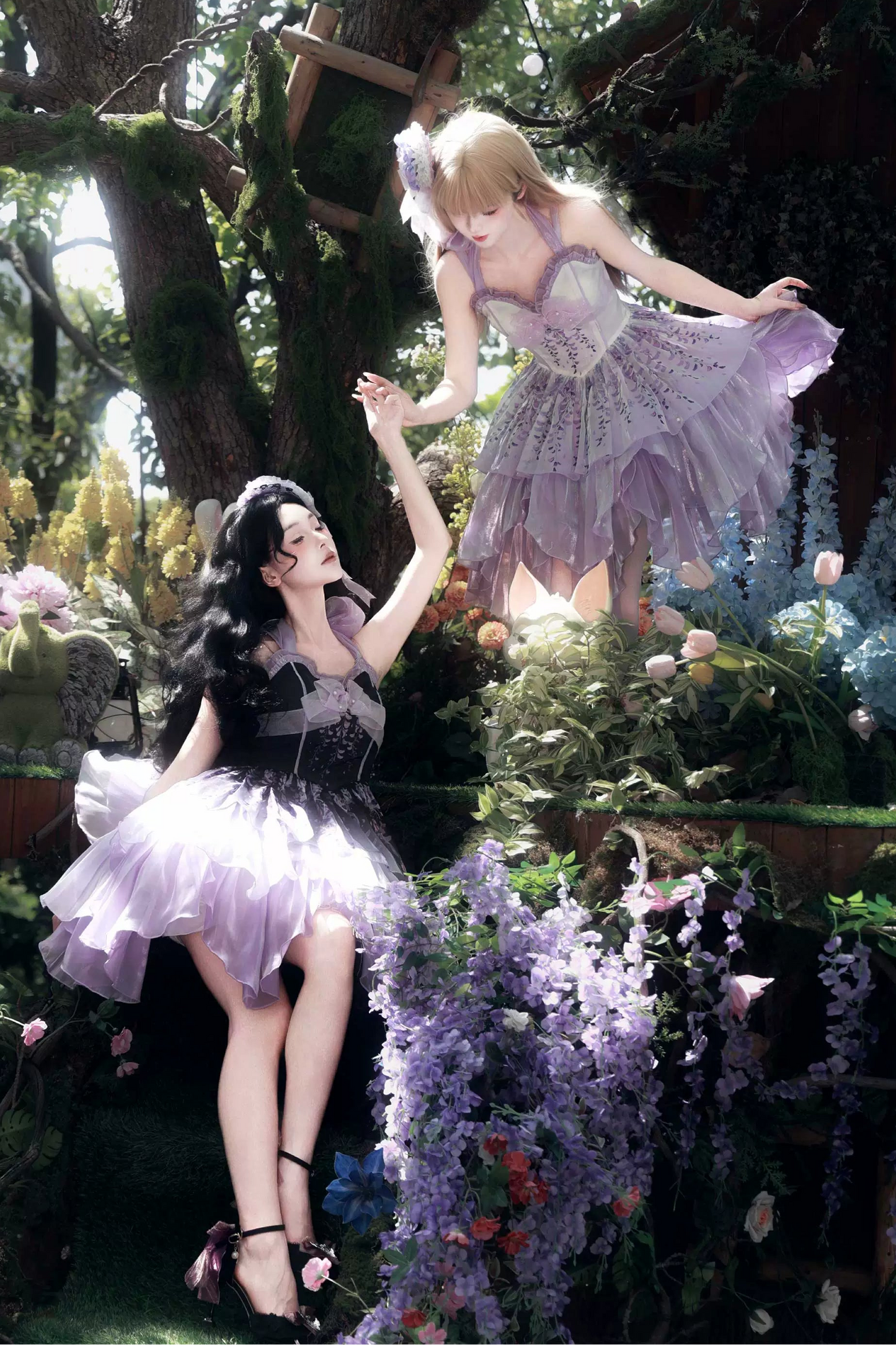 [Pre-order Deadline: June 18] Wisteria Purple Gradient Fairy Lolita Bow Layered JSK Dress + Full Set (Dress + Flower Hat)