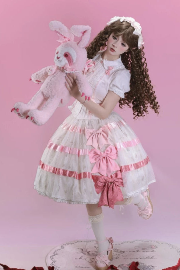 [Reservierungsschluss am 105] Sweet-Lolita-Hemd mit Peter-Pan-Kragen, Polka-Dots und Taillenband + Rock mit dreifacher Schleife + Set
