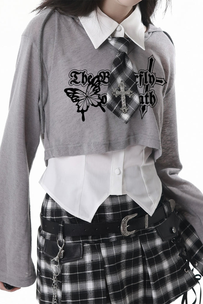 Y2K hooded short top + sleeveless shirt with tie + check culottes