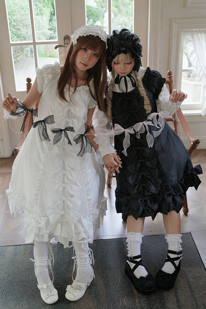 [November 15 Reservation Deadline] Black Gothic Doll-Style Front-And-Back Two-Way Ruffle Ribbon Lolita Dress (Short/Long) + Matching Shorts (Short/Long) + BB Hat