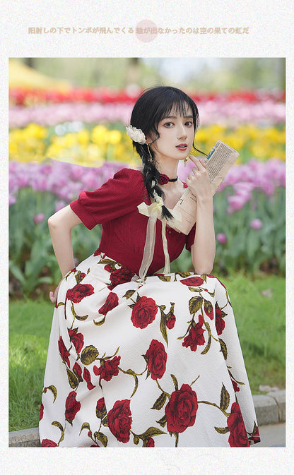 Square Color Lace Top + Rose Design Long Skirt