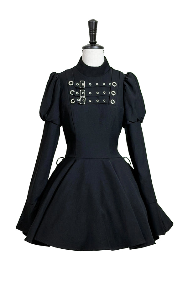 [Pre-order Deadline: November 6] Brown Steampunk x Black Gothic Mode Buckle High-Collar Puff Long-Sleeve Doll Dress