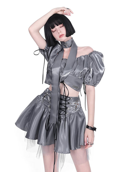 Cyberpunk glitter setup cross neck stole + puff sleeve short top + lace up tulle skirt