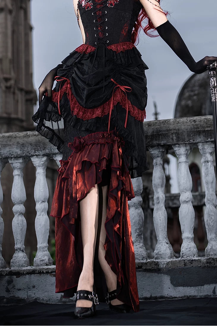[Pre-order] Red and Black Dark Gothic Lolita Ruffle Slit Long Skirt + Pull-Up Overskirt