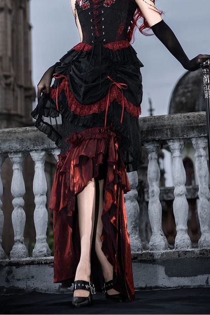 [Pre-order] Red and Black Dark Gothic Lolita Ruffle Slit Long Skirt + Pull-Up Overskirt
