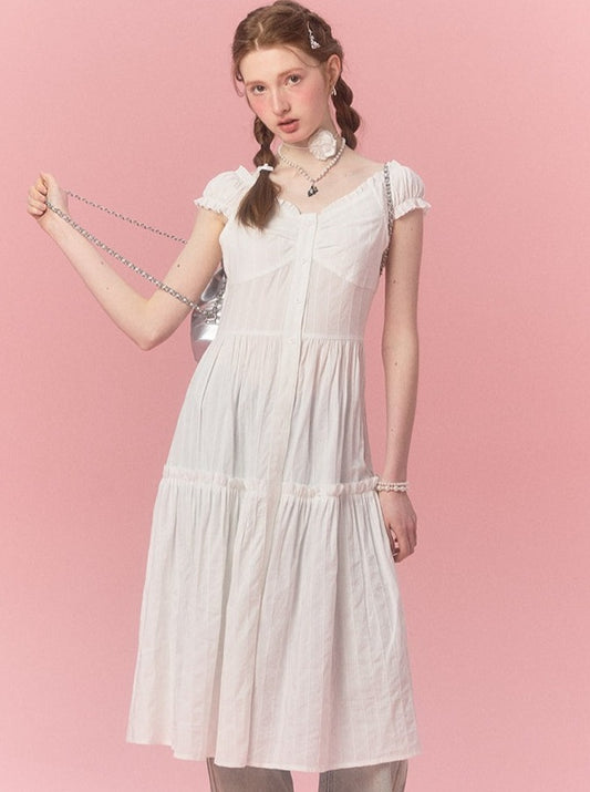 Pure White Suspender Waist Long Skirt Dress