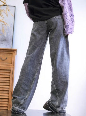 Retro gray wide leg loose straight slim jeans