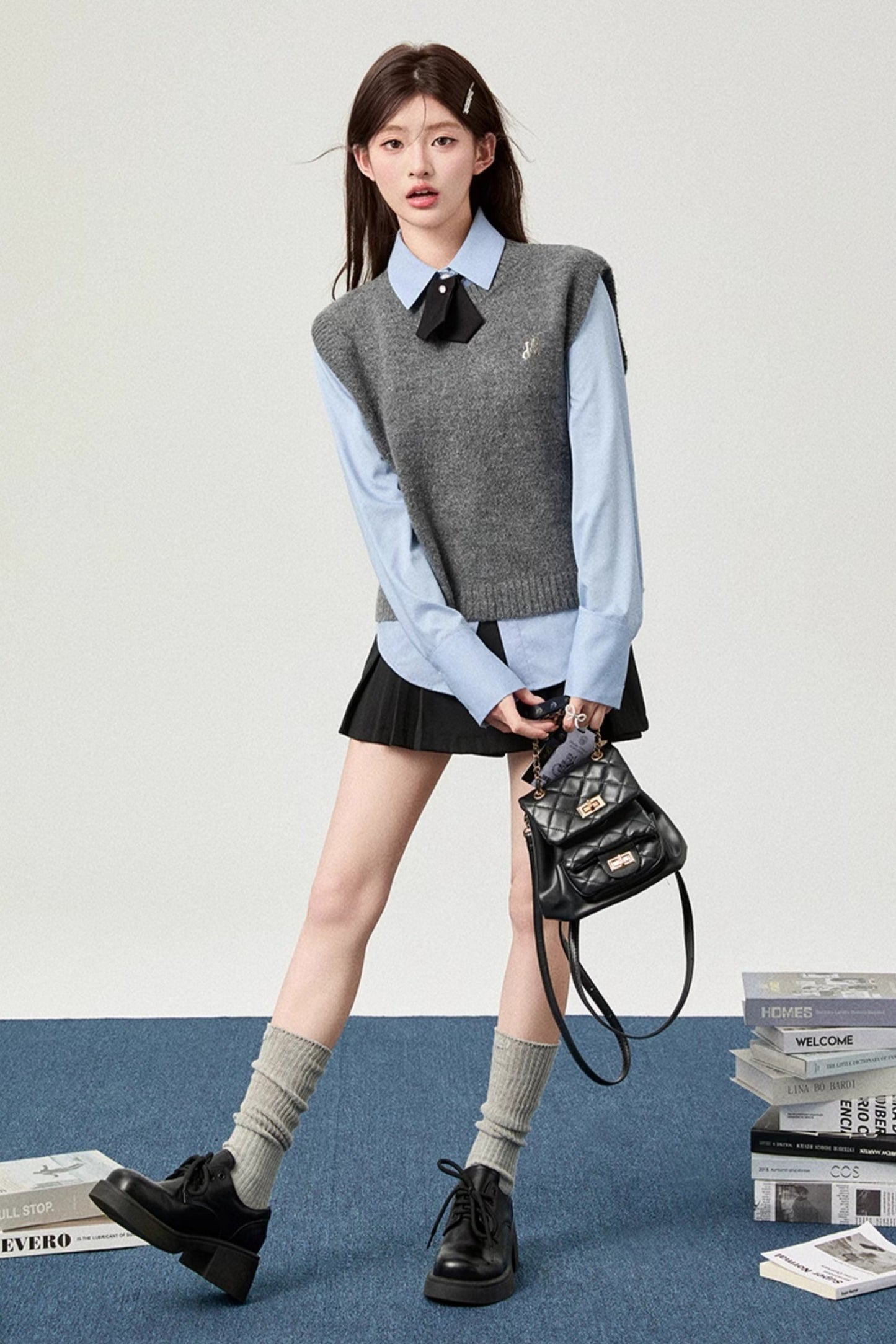 Gray Knit Cardigan Vest Set + Blue Shirt