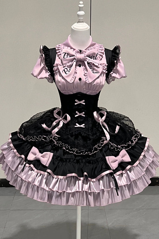 【5月12日予約締切】ブラックパープルロリータアイドルリボンパフスリーブシャツ＋コルセットチュールプルアップJKSドレスセットアップ