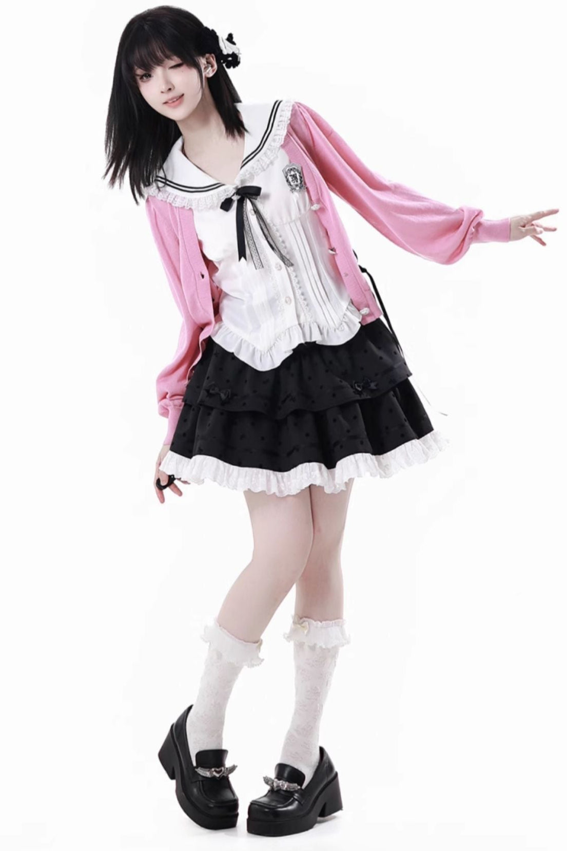Cárdigan Dark Kawaii con cordones + Top marinero sin mangas + Falda
