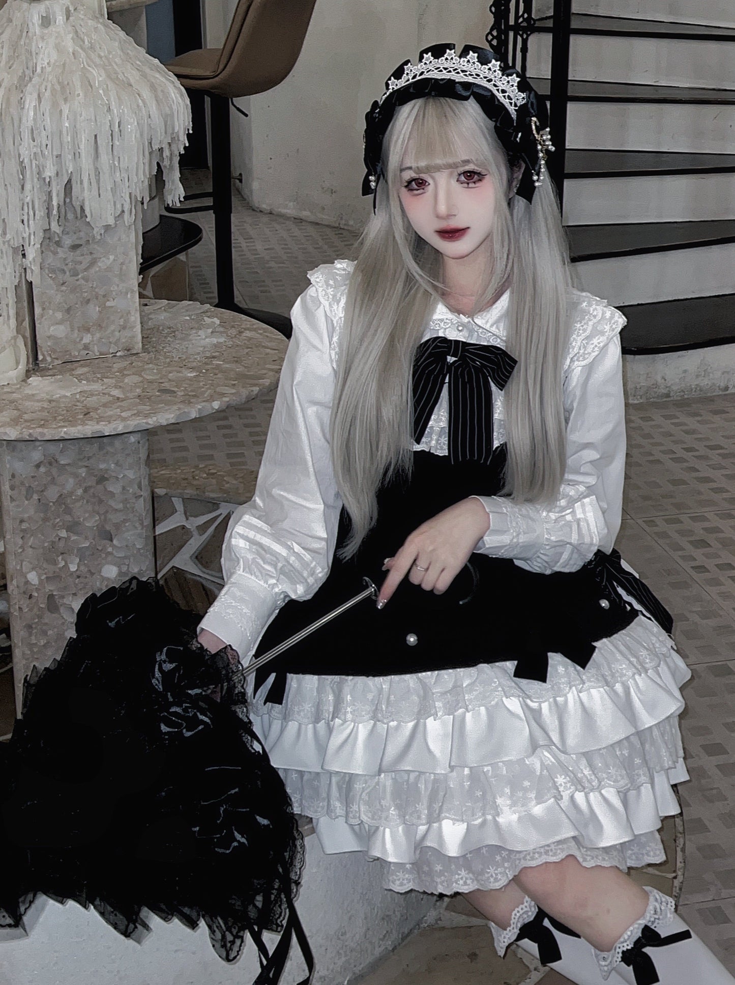 Doll Bonnet Lolita Dress + Shirt + Short Jacket + Ribbon