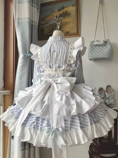 【11月5日予約締切】Blue White Striped Medical Lolita Nurse Sickly Kawaii Dress Suit Full Set (Shirt + Skirt + Apron + Back Ribbon + Leg Covers)
