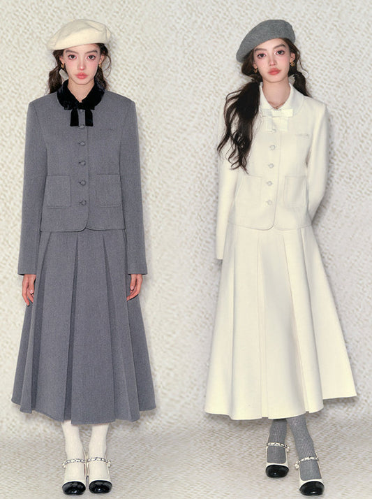 레트로 새로운 중국 스타일 스타일 대비 컬러 리본 재킷 + 푸루 투롱 스커트 2 피스 슈트