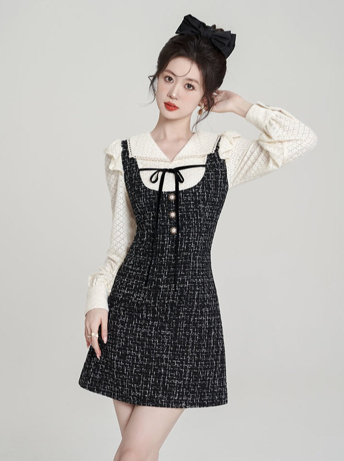 Robe camisole deux pièces en tweed serré de style français