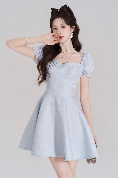 Blue Sweet French Puff Sleeve Dress