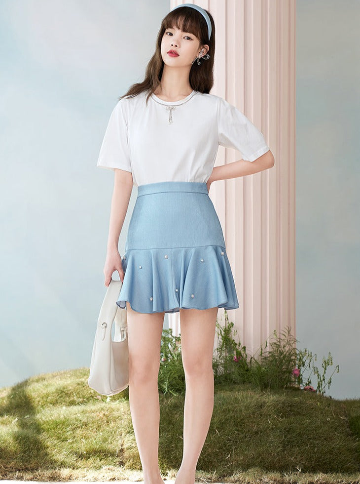 Light Blue High Waist Slim Beaded Ruffle Skirt