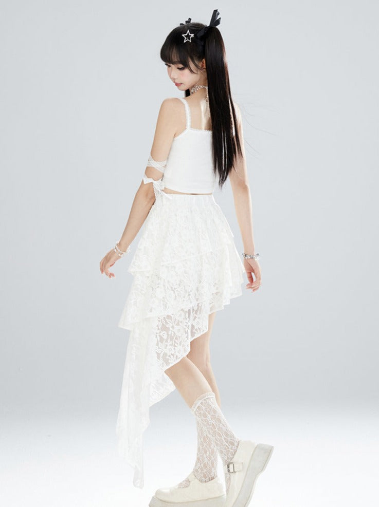 Lace Pure White Asymmetrical Skirt