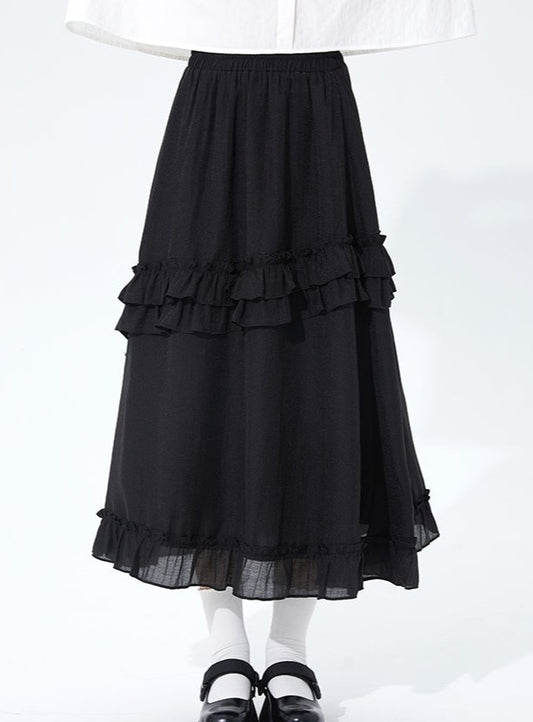 High-waist loose mid-length ruffle skirt