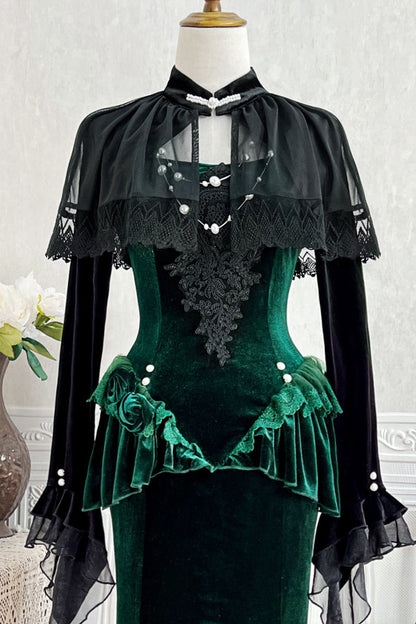 Dark Forest Lolita Elegant Fishtail Dress + Long Sleeve Short Cape