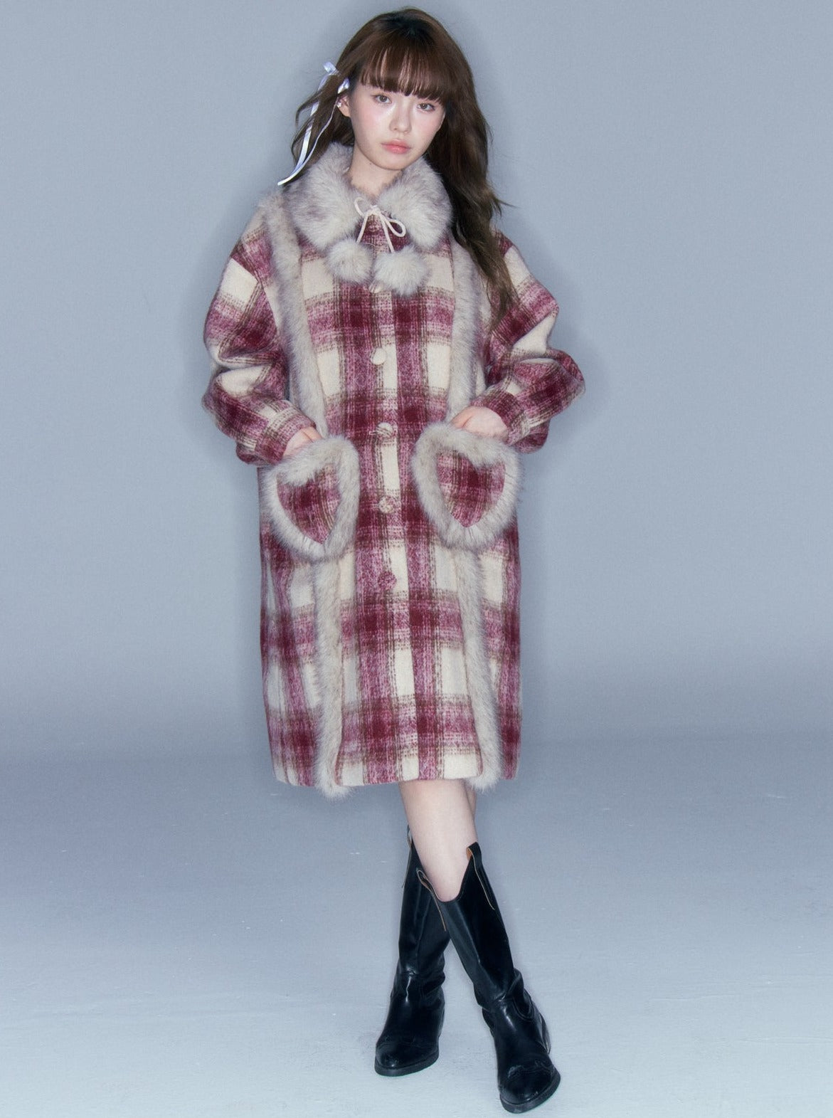 Red wool check long coat