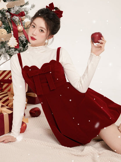 Ribbon Clip French Red Velvet Suspender Dress