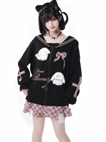 Pinksavior [Peach Cocoa] Black Navy Collar Age-Reducing Spring and Summer Knitted Sweater Detachable Cardigan Set