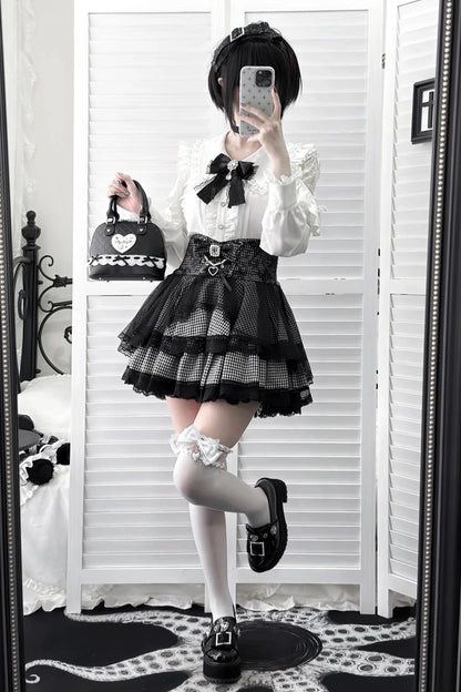 【11月15日予約締切】White Ruffle Trim Lace Sleeve Blouse＋Black White Pearl Bow Tiered Houndstooth Skirt＋Rhinestone Lace Ribbon Brooch