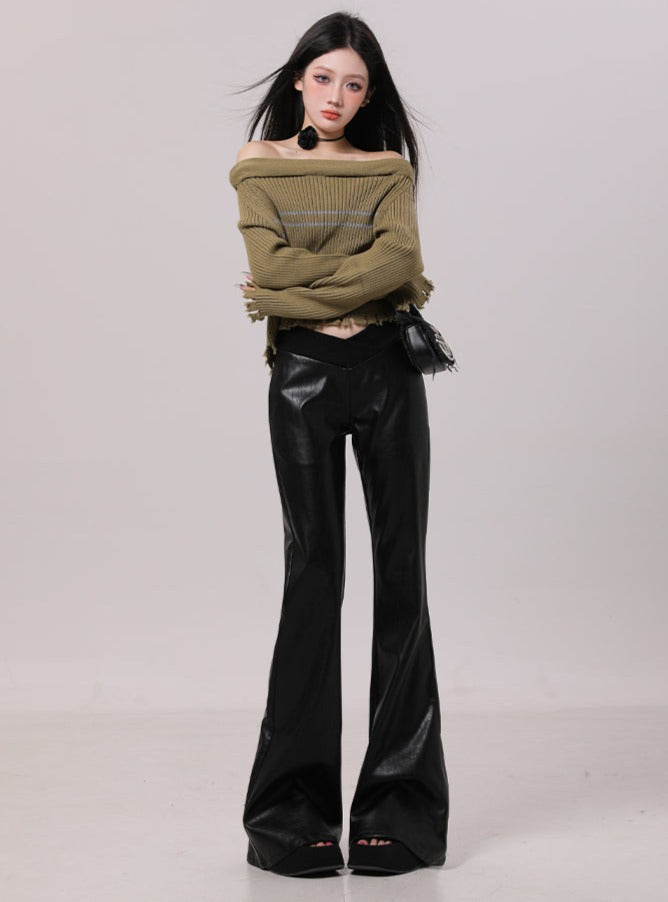 Leather design long flare pants