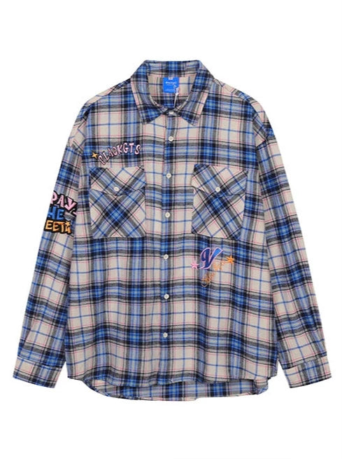 American Street Letter Embroidery Check Shirt