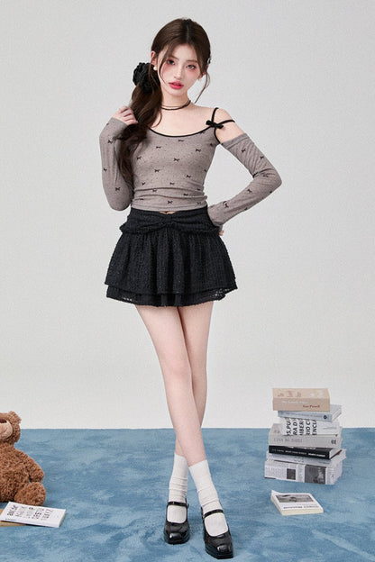 Suspender Off-Shoulder Long Sleeve Top